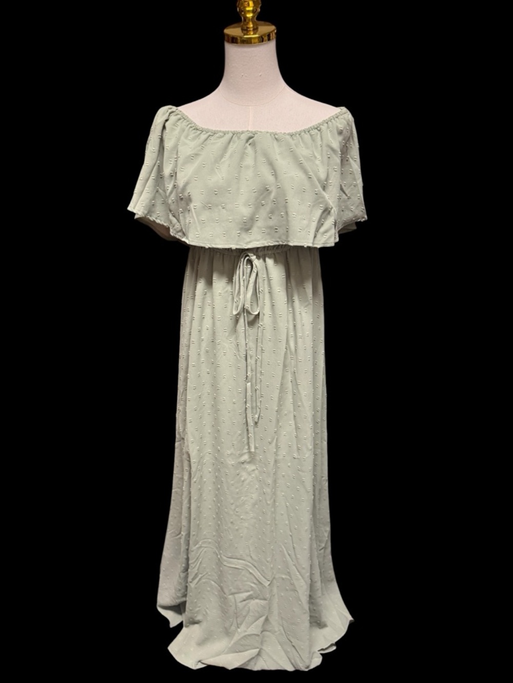 Off-the-Shoulder Sage Maxi Dress with Drawstring Waist
